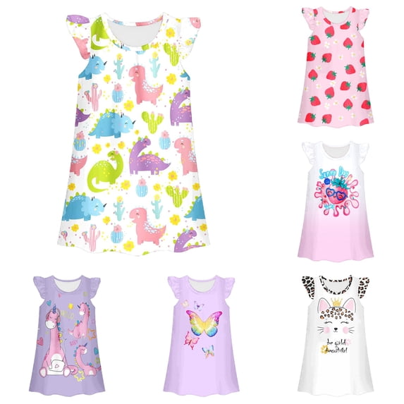 WhouRiu Girls Summer Cartoon Graphic Dresses Sleeveless Flutter Sleeve Crew Neck Dress Kids Comfortable Cute Party Nightgown,6-7 Years