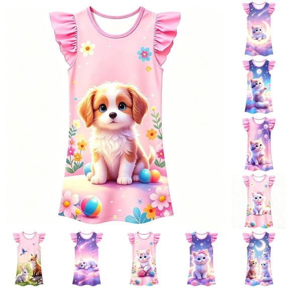WhouRiu Girls Summer Cartoon Graphic Dresses Sleeveless Flutter Sleeve Crew Neck Dress Kids Comfortable Cute Party Nightgown,9-10 Years