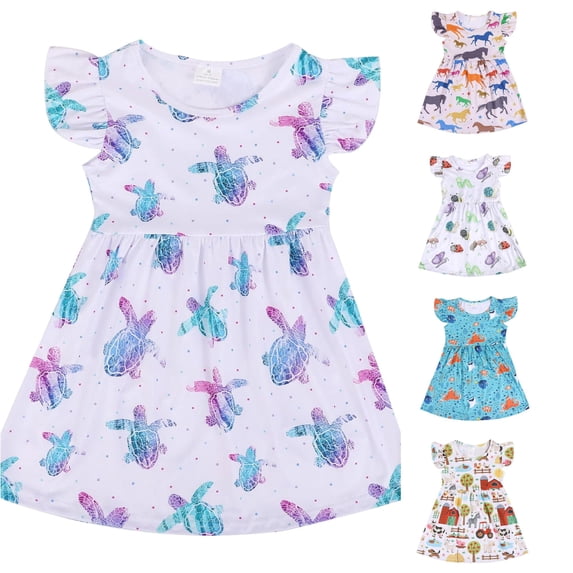 WhouRiu Girls Summer Cartoon Graphic Dresses Sleeveless Flutter Sleeve Crew Neck Dress Kids Comfortable Cute Party Sundress,3-4 Years