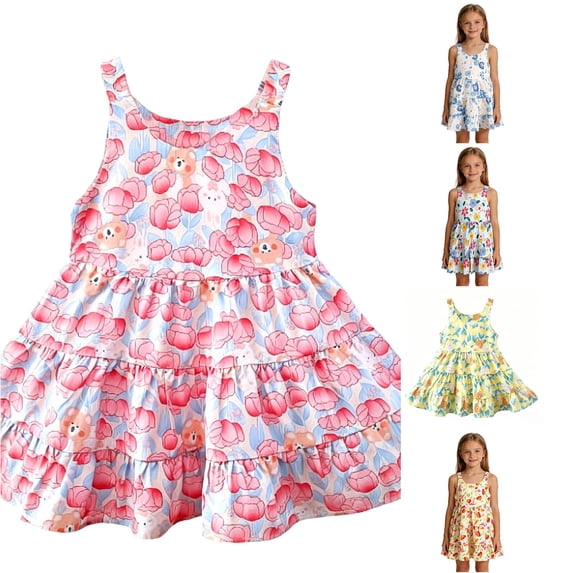 WhouRiu Girls Summer Floral Graphic Dress Casual Sleeveless Crew Neck Tank Dress Kids Comfortable Cute Party Sundress,9-12 Months