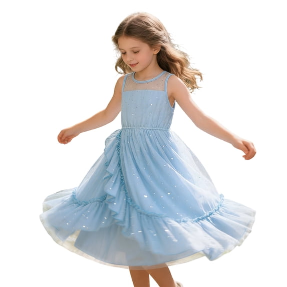 WhouRiu Girls Summer Sleeveless Dress With Asymmetrical Mesh Hem Crew Neck Tiered Ruffle Princess Dresses Kids Comfortable Cute Sundress,11-12 Years