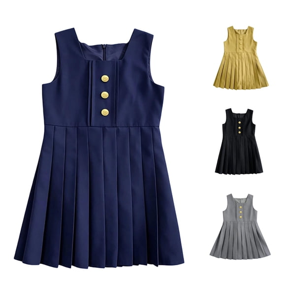 WhouRiu Girls Summer Sleeveless Dresses Solid Color Square Neck Buttons Pleated Dress Kids Casual Comfortable Cute Everyday Sundress,10-11 Years