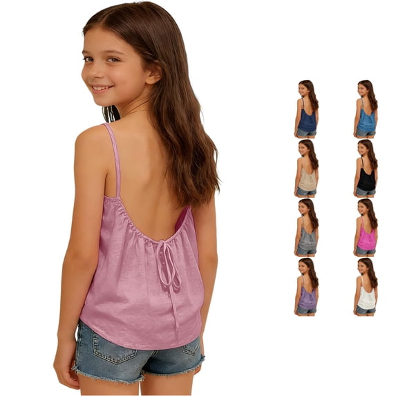 WhouRiu Girls Summer Sleeveless Tank Tops Solid Color Spaghetti Strap Backless Camisole Kids Lightweight Breathable Casual Tops,10-11 Years
