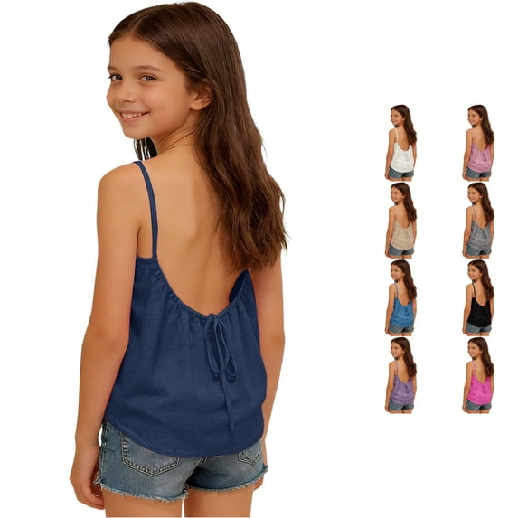 WhouRiu Girls Summer Sleeveless Tank Tops Solid Color Spaghetti Strap Backless Camisole Kids Lightweight Breathable Casual Tops,12-13 Years