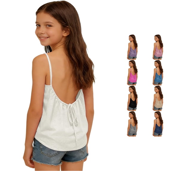 WhouRiu Girls Summer Sleeveless Tank Tops Solid Color Spaghetti Strap Backless Camisole Kids Lightweight Breathable Casual Tops,8-9 Years