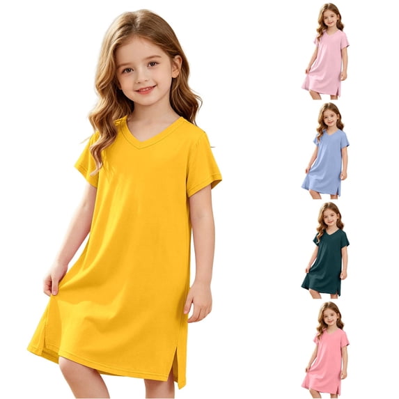 WhouRiu Girls Summer Solid Color Nightgown Casual Short Sleeve V Neck A Line Sleep Dress