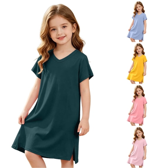 WhouRiu Girls Summer Solid Color Nightgown Casual Short Sleeve V Neck A Line Sleep Dress