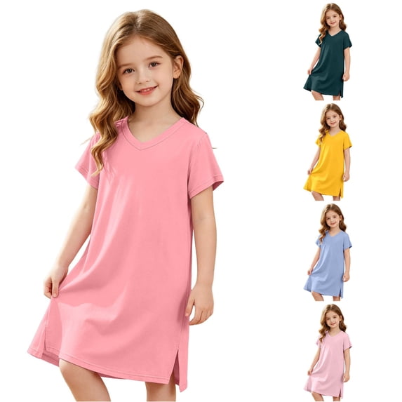 WhouRiu Girls Summer Solid Color Nightgown Casual Short Sleeve V Neck A Line Sleep Dress