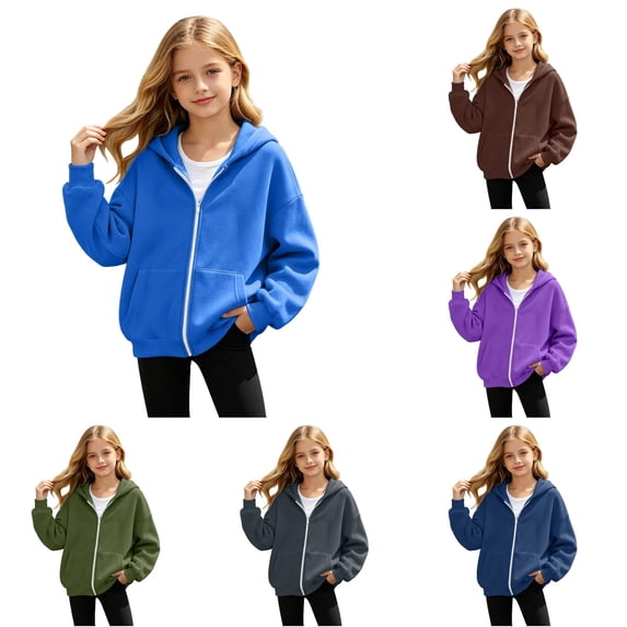 WhouRiu Girls Zip Up Hoodies Kids Autumn Hooded Sweatshirts With Pockets Casual Daily Wear