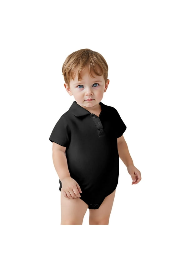 Boy Bodysuit Summer Solid Short Sleeve Polo Lapel Romper Baby Beach School Party Jumpsuit Clothes Black,Size 9-12 M