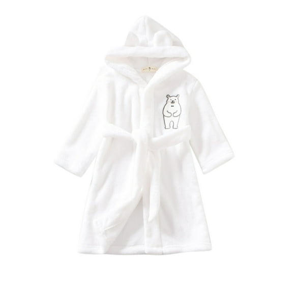 WhouRiu Infant Boy Girl Outfits Flannel Soft Bear Print Long Sleeve Hooded Warm Thickened Cozy Sleepwear Winter Bathrobes White,Sized 1-2