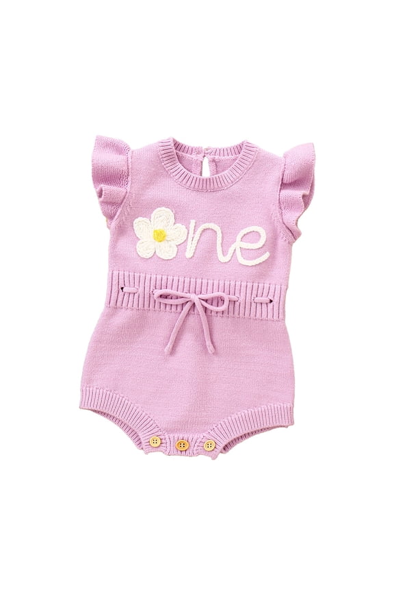Infant Girl Bodysuits Floral One Embroidery Fly Sleeve Knit Romper Baby Stylish Cozy Birthday Jumpsuits Purple,Size 12-18 M