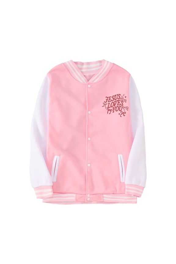 Girls Jacket Letter Printed Button Up Bomber Coats Child Colorblock Streetwear Sports Autumn Jackets Pink,Sized 1-2