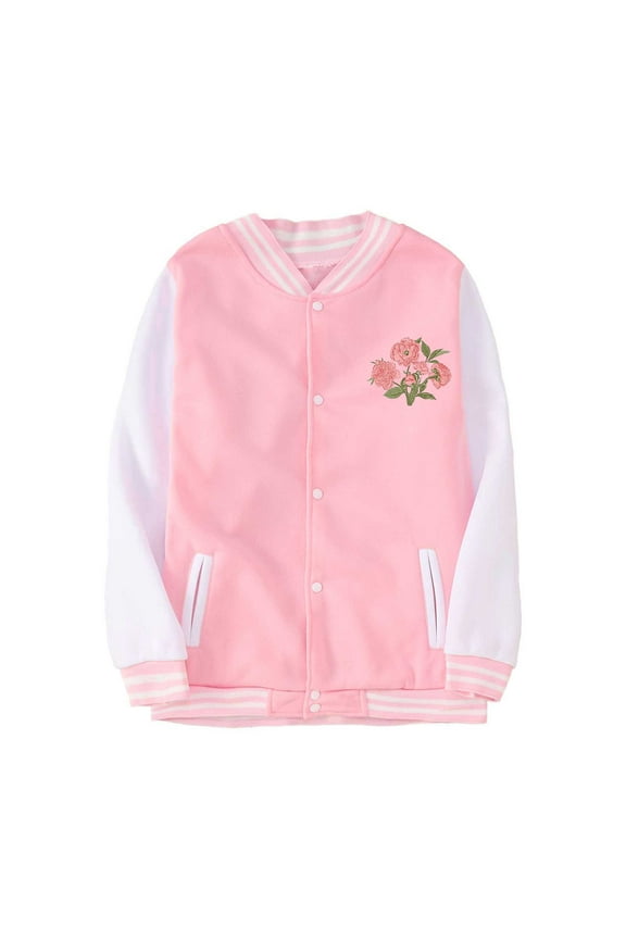 Girl' Bomber Jacket Letter Printed Color Block Jacket Child Cozy School Sports Autumn Jackets Pink,Sized 1-2