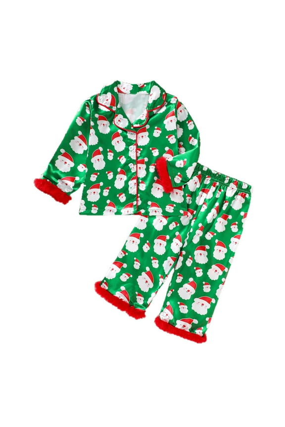 Infant Girl Christmas Pajamas Santa Claus Prints Satin Shirt Pants with Fur Trim Soft Cozy Party Pajama Set Green,Sized 18-24 M