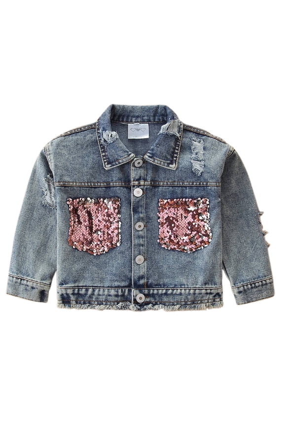Girl' Denim Jacket with Sequin Pockets Button Denim Jacket Kids Comfy Fall Outerwear Jackets Blue,Sized 1-2