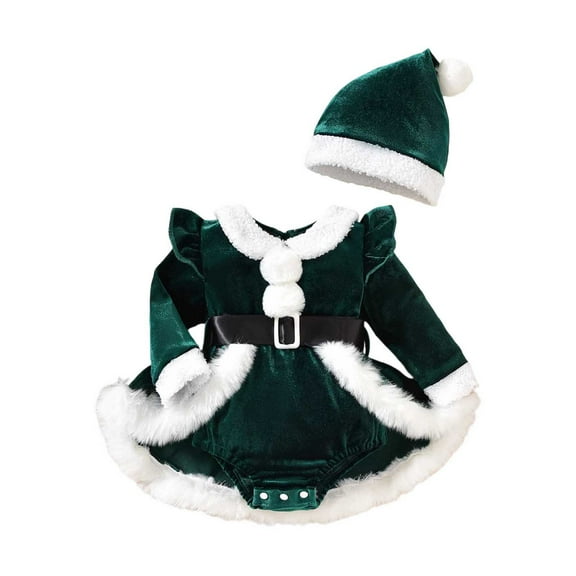 WhouRiu Girl Dress Christmas Fuzzy Bodysuits Dress with Hat Child Holiday Party Winter Dresses Green,Sized 9-12 M