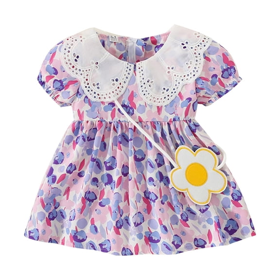 WhouRiu Infant Girl Dress Floral Prints Peter Pan Collar Dress Summer Stylish Dance Party Dresses,2-Piece Purple