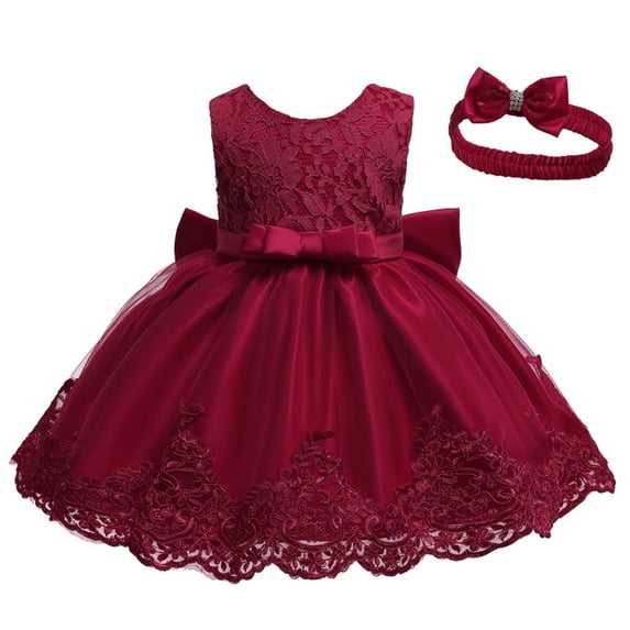 WhouRiu Girl Dresses Formal Lace Embroidery Sleeveless Birthday Gown Baby Fashion Evening Princess Dresses,3-Piece Red,Size 18-24 M