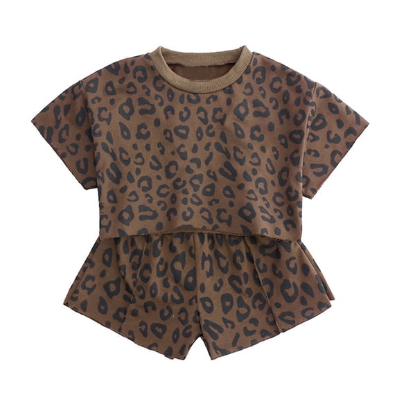 WhouRiu Infant Girl Outfit Set Leopard Print Short Sleeve Crew Neck T Shirt Short Children Stylish Summer Loose Outfits Brown,Size 12-18 M