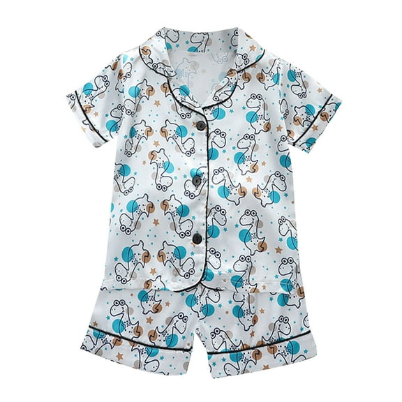 WhouRiu Infant Girl Pajama Set Cartoon Print Short Sleeve Shirt Shorts Kids Summer Loose Sleepwear Outfits Blue,Sizes 18-24 M