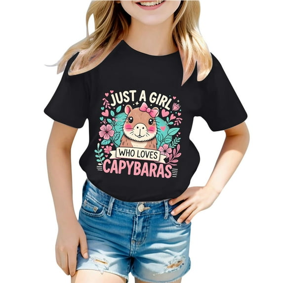 WhouRiu Girl T Shirt Cartoon Capybara Letter Short Sleeved Loose Tops Child Sports Soft Comfy Tshirts Black,Sized 1-2