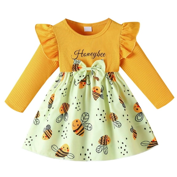 WhouRiu Infant Girls' Dress Bow Bee Prints Ribbed Knit Dress Children Soft Comfy Cute Fall Dresses Orange,Sized 9-12 M