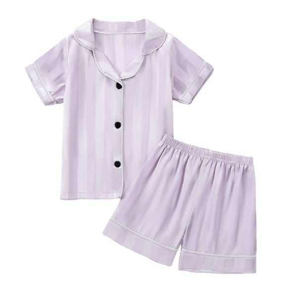 WhouRiu Infant Girls Pajama Set Short Sleeve Striped Lapel T Shirt Shorts Child Satin Silk Thin Pajamas Purple.Sizes 1-2