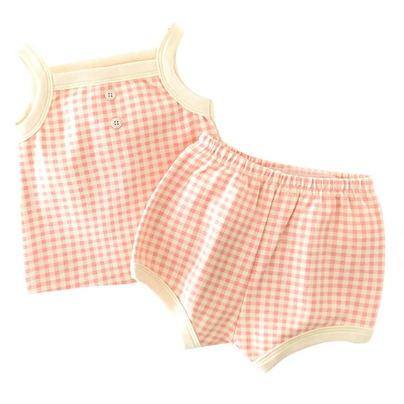 WhouRiu Girls Pajama Set Thin Sleeveless Plaid Vest and Shorts Baby Home Wear Cute Nightwear Outfit Set Pink,Sizes 18-24 M