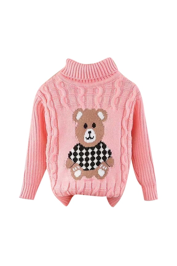 Girls Sweater Bear Embroidery High Neck Pullover Knit Sweater Kids Warm Soft Cozy Fall Winter Sweaters Pink,Sized 18-24 M