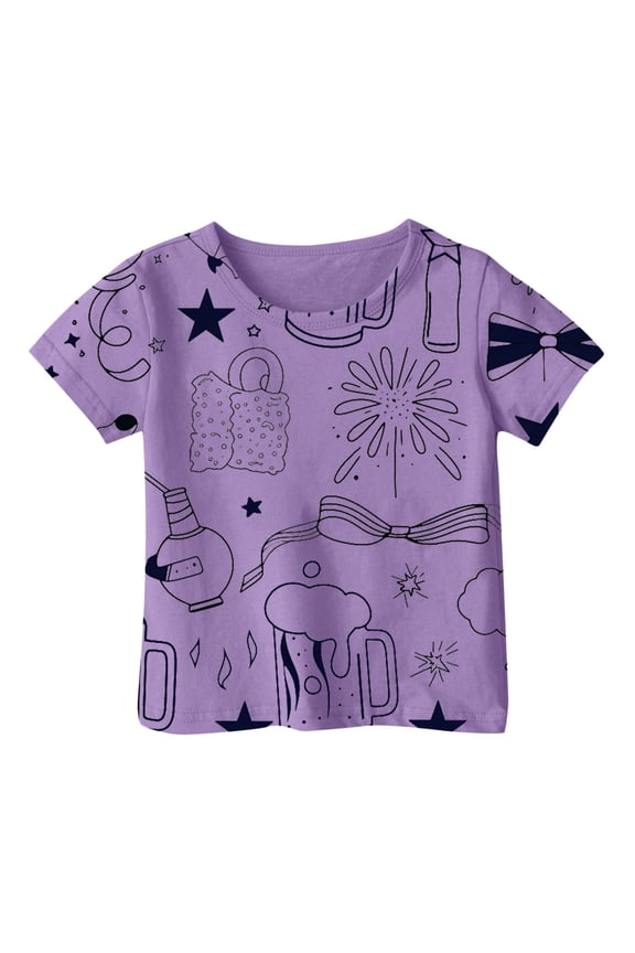 Girls T Shirts Fashion Cartoon Prints Loose Short Sleeve T Shirt Kids Casual Clothes Purple,Sizes 1-2