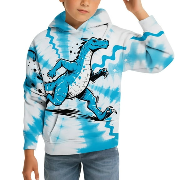 WhouRiu Little Boy Hoodies Cartoon Dinosaur Prints Pocket Long Sleeve Hooded Sweatshirt Kids Cozy Soft Sports Autumn Hoodies Blue,Sized 5-6