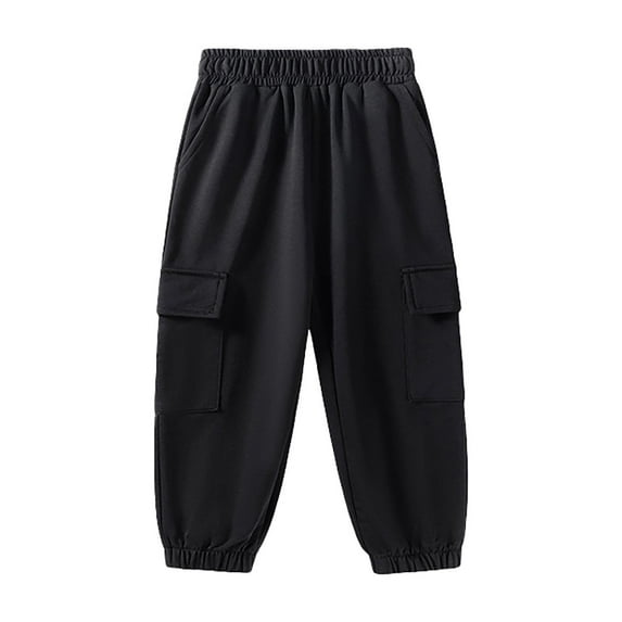 WhouRiu Little Boy' Pants Elastic Waist Jogger Cargo Sweatpants Kids Loose Comfy Athletic Streetwear Autumn Trousers Black,Sized 5-6