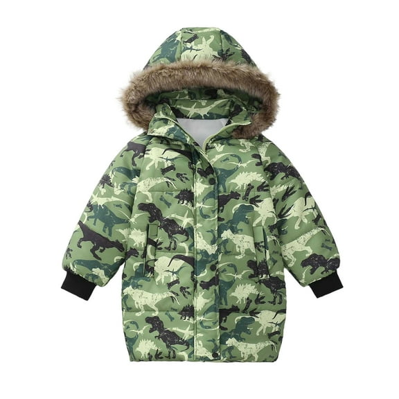 WhouRiu Little Boy Winter Coat Warm Dinosaur Print Hood Jacket Kids Heavyweight Puffer Windproof Coats Green,Sized 5-6