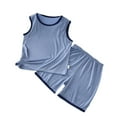 thumbnail image 1 of WhouRiu Little Boy's Outfit Set Sleeveless Breathable Tee Shorts Children Summer Lightweight Cotton Homewear Outfits Blue,Size 6-7 Y, 1 of 3