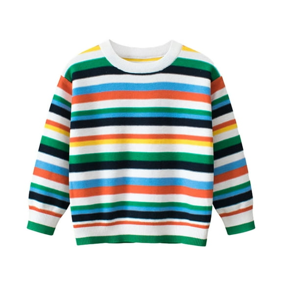 WhouRiu Little Boy's Sweater Striped Embroidered Warm Knitted Long Sleeve Top Child Soft Cozy Loose Outerwear Fall Sweaters Multi-color,Sized 5-6