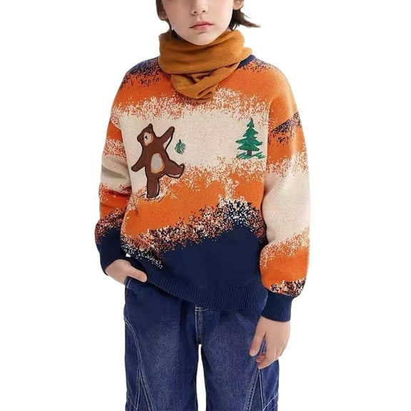 WhouRiu Little Boy's Sweater Stylish Cartoon Long Sleeve Pullover Knitted Top Child Warm Cozy Soft Winter Outerwear Sweaters Orange,Sized 6-7