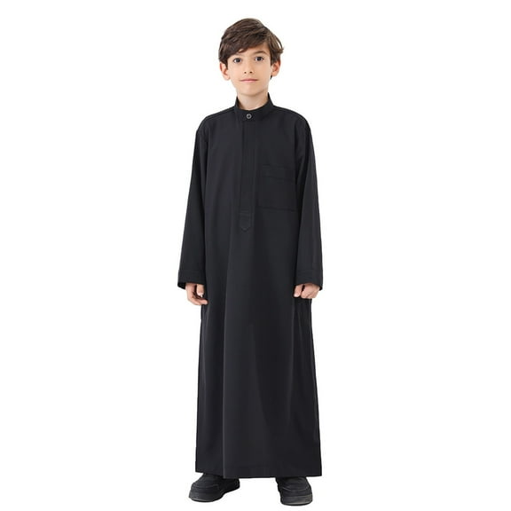 WhouRiu Little Boy's T-Shirt High Neck Long Sleeve Button Prayer Maxi Tshirts Kids Ethnic Wear Loose Ramadan Robe Black,Sized 7-8
