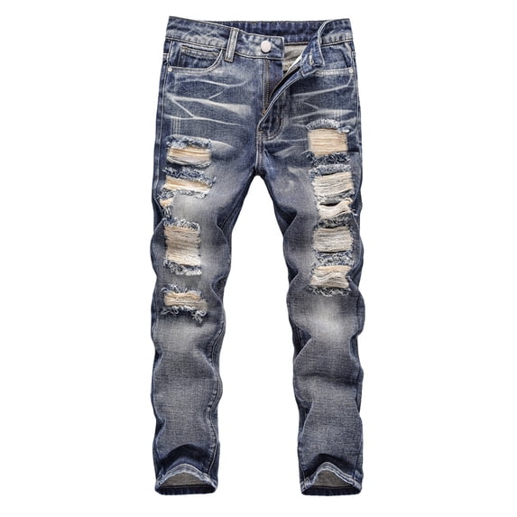 WhouRiu Little Boys Jeans Summer Zipper Destroyed Ripped Tapered Jeans Children Stretch Washed Denim Pants Blue,Sizes 5-6
