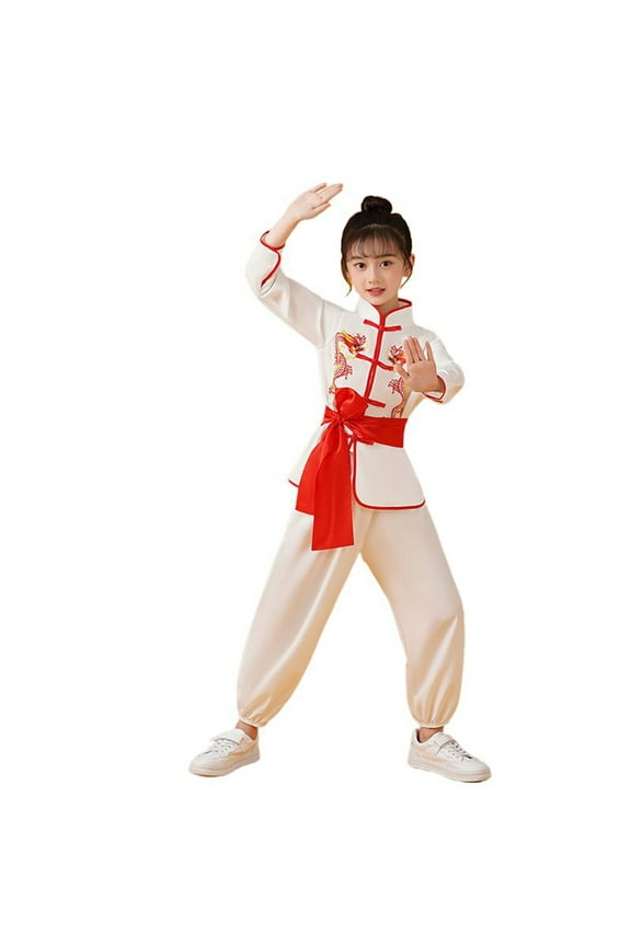 Little Boys Outfits Chinese Training Long Sleevee Shirt Pants Kids Traditional Arts Wing Chun Outfits White.Sizes 5-6