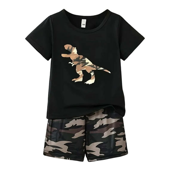 WhouRiu Little Boys Pajama Set Dinosaur Print Short Sleeve Top Shorts Child Loose Comfy Sleepwear Clothes Set Black.Sizes 5-6