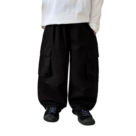WhouRiu Little Boys' Pants With Pockets Elastic Waist Wide Leg Cargo Sweatpants Kids Stylish Streetwear Fall Trousers Black,Sized 5-6