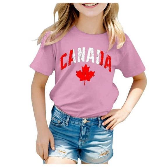 WhouRiu Little Boys Tshirts Canadian Day Leaf Prints Short Sleeve Tops Kids Summer Sports T Shirt Pink,Sizes 6-7