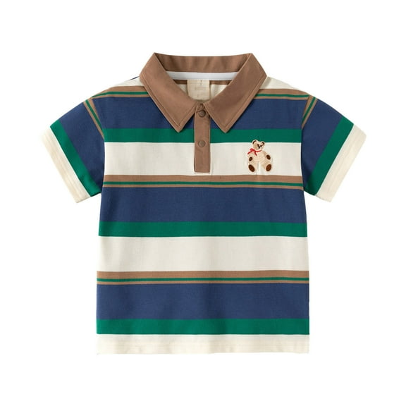 WhouRiu Little Boys' Tshirts Summer Short Sleeve Striped Loose Shirt Kids Button Fashion T Shirts Brown,Sizes 5-6