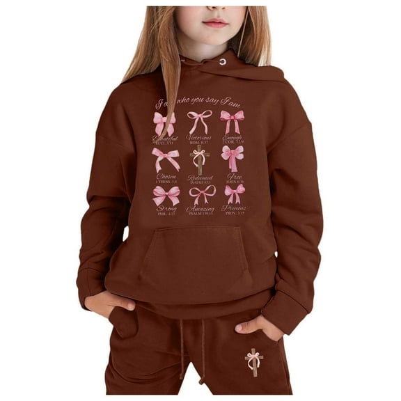 WhouRiu Little Girl Outfit Set Long Sleeve Hoodie Pullover Top Pants Kids Fall Winter Casual Sweat Suit Brown.Sizes 6-7