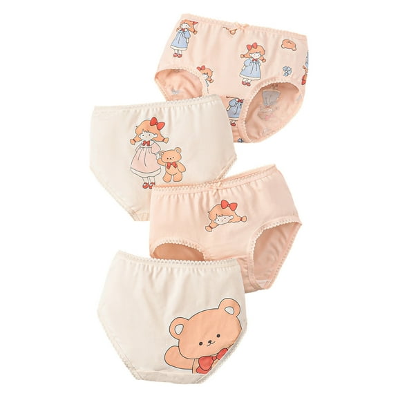 WhouRiu Little Girl Panties Assorted Cartoon Prints Cotton Briefs Children Breathable Cozy Soft Underwear,4-Pack Beige,Size 5-6