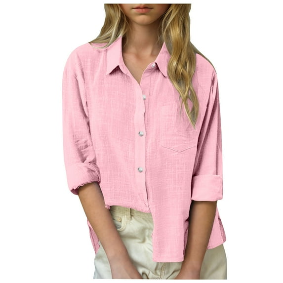 WhouRiu Little Girl Shirts Long Sleeve Button-Up Linen Blouse Kids Spring Summer Lightweight Tops Pink,Sizes 5-6
