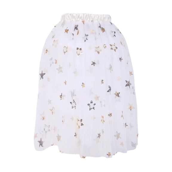 WhouRiu Little Girl Skirts Embroidery Star Sequin Party Tutu Skirt Kids High Waist Ballet Dance Tulle Skirts White,Sized 5-6