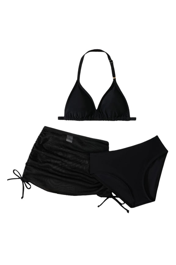 Little Girl Swimwear Set,3-Piece Cherry Halter Bikini with Padded Bathing Suit Pool Beach Swimsuit for Kids Black,Size 5-6 Y