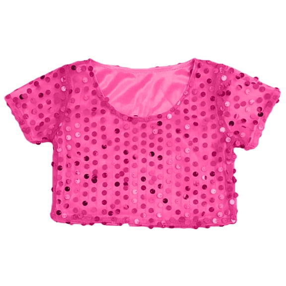 WhouRiu Little Girl' T Shirt Glitter Sequin Short Sleeve Crop Tshirt Children Stage Singing Dancing Show Elastic Tee Pink,Sized 3-8